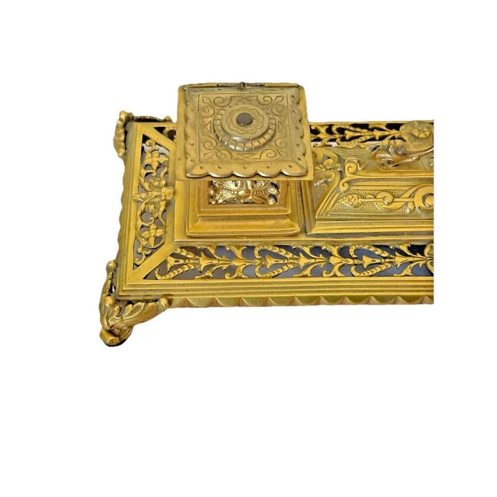 1890 Antique Gilt Bronze Double Inkwell Extraordinary Engraved Heavy Solid Vntg